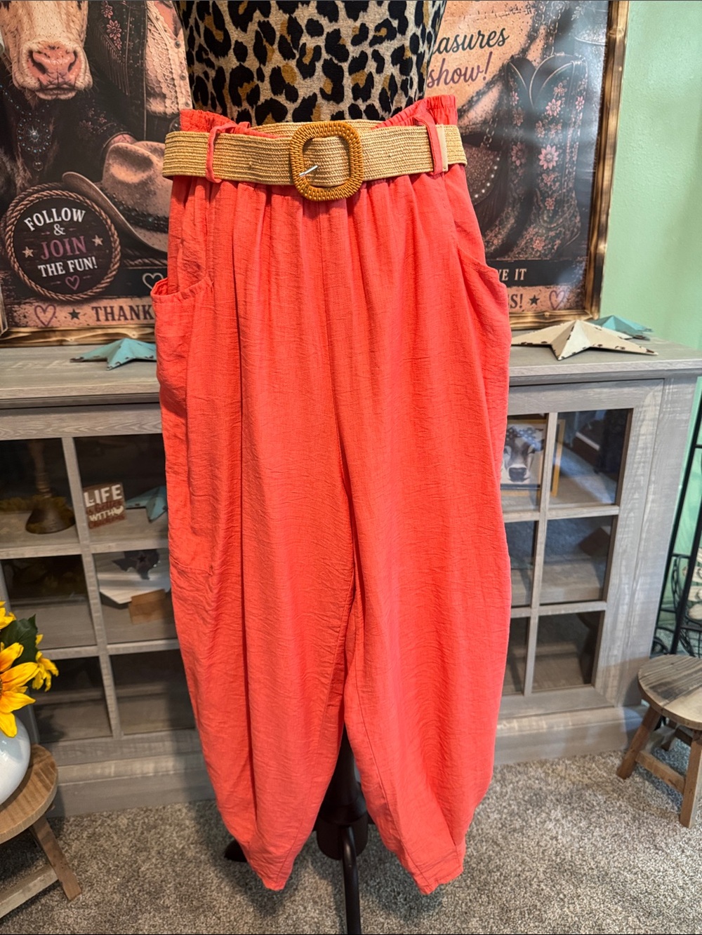 Coastal Bloom Coral Beach Pant with Straw Belt  Size L